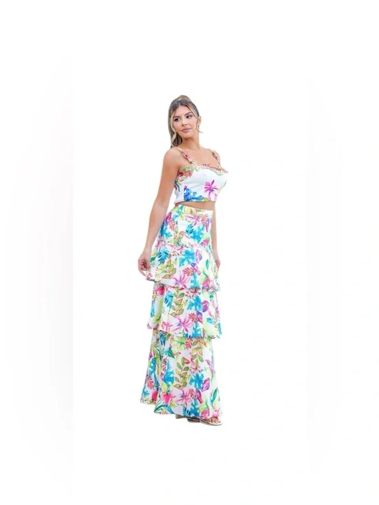 Floral Tiered Ruffle Maxi Skirt & Top Set - Multicolor - Picture 5 of 6